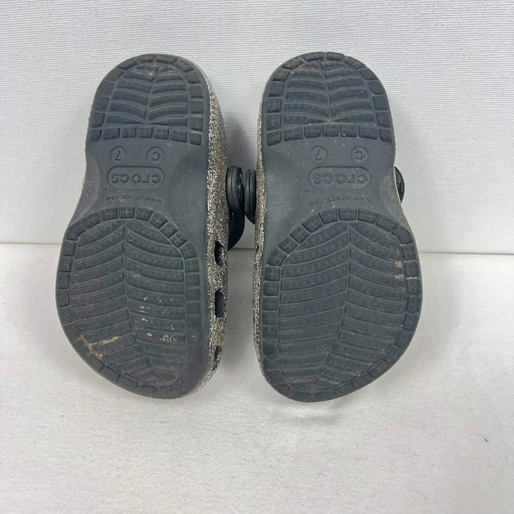GUC Crocs Classic Glitter Clogs Black Silver Sparkle Shoes Toddler Size 7C